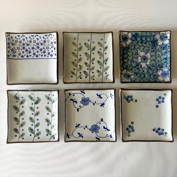 Japanese Hand Painted Sushi Soy Sauce Dishes Set 6 Assorted Square Side Plates - Picture 1 of 13